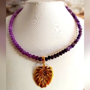 Natural Purple Jade & Amethyst With Monstera Leaf Pendant In Beaded Necklace
